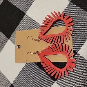 Handmade 3.25in red wooden cut out teardrop flare dangle earrings New